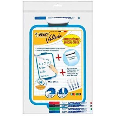 BIC 1 ardoise velleda 19x26cm,effacette + 5 feutres fins, Blanche,Bleus - Publicité BIC 1 ardoise velleda 19x26cm,effacette + 5 feutres fins, Blanche,Bleus - Publicité