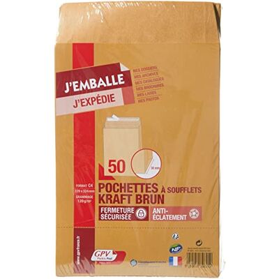 GPV Paquet de 50 pochettes kraft brun auto-adhésives, format C4 229 x 324 mm soufflet 30 mm 120g - Publicité GPV Paquet de 50 pochettes kraft brun auto-adhésives, format C4 229 x 324 mm soufflet 30 mm 120g - Publicité
