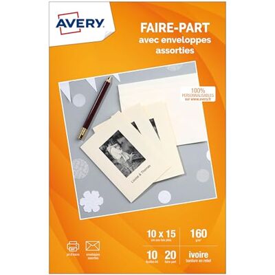 Avery Pochette de 20 cartes faire-part ivoire (160g/m²). Personnalisables et imprimables. Format A6 (4 par page). Impression jet d'encre. Publicité Avery Pochette de 20 cartes faire-part ivoire (160g/m²). Personnalisables et imprimables. Format A6 (4 par page). Impression jet d'encre. Publicité