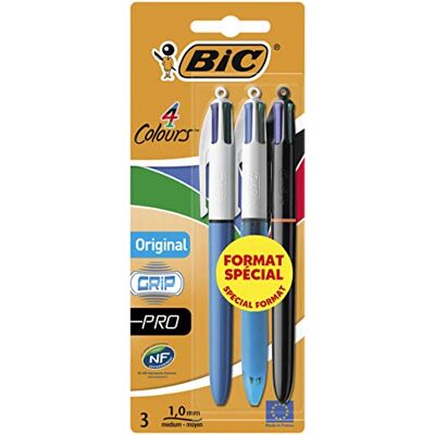 BIC Stylos 4 couleurs originaux, lot de 3, comprenant des stylos couleur originaux, Grip et Pro 4 avec pointe de 1,0 mm, bleu, vert, rouge, noir (l'emballage peut varier) - Publicité BIC Stylos 4 couleurs originaux, lot de 3, comprenant des stylos couleur originaux, Grip et Pro 4 avec pointe de 1,0 mm, bleu, vert, rouge, noir (l'emballage peut varier) - Publicité