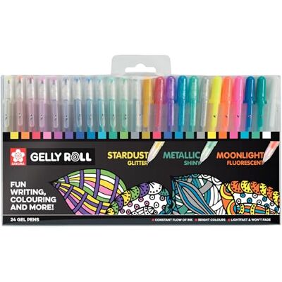 SAKURA Gelly Roll Set de 24 stylos gel pailletés, métalliques et fluorescents pour écrire et dessiner, couleurs et effets assortis - Publicité SAKURA Gelly Roll Set de 24 stylos gel pailletés, métalliques et fluorescents pour écrire et dessiner, couleurs et effets assortis - Publicité