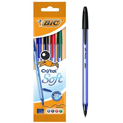 BIC Cristal Soft Stylos-Bille Pointe Moyenne (1,2 mm) Couleurs Assorties, Pochette de 4 - Publicité BIC Cristal Soft Stylos-Bille Pointe Moyenne (1,2 mm) Couleurs Assorties, Pochette de 4 - Publicité