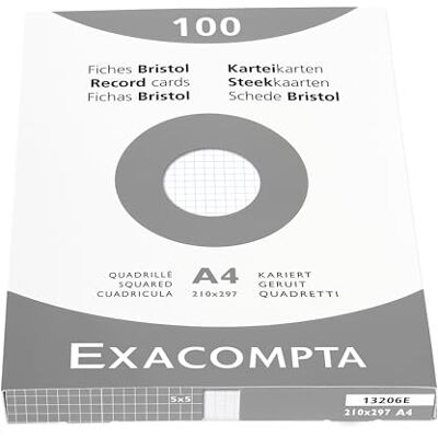Exacompta Réf. 13206E Étui de 100 fiches bristol quadrillées 5x5 non perforées format 210 x 297 mm compatibles avec imprimante jet d'encre, laser et photocopieur couleur blanc - Publicité Exacompta Réf. 13206E Étui de 100 fiches bristol quadrillées 5x5 non perforées format 210 x 297 mm compatibles avec imprimante jet d'encre, laser et photocopieur couleur blanc - Publicité