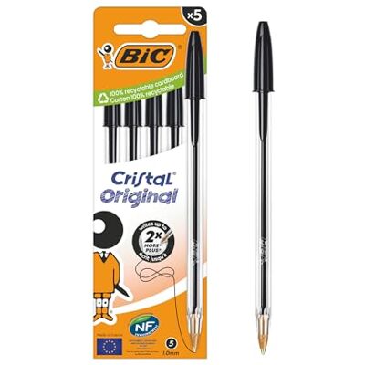 BIC 5 stylos bille Cristal, encre noire Le sachet de 5 stylos - Publicité BIC 5 stylos bille Cristal, encre noire Le sachet de 5 stylos - Publicité