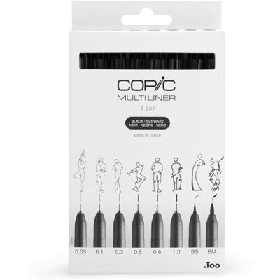 COPIC Multiliner Set, Black, 8 Fineliner dans différentes épaisseurs de trait, stylos à dessin avec une pointe fine et de l'encre pigmentée résistante à l'eau - Publicité COPIC Multiliner Set, Black, 8 Fineliner dans différentes épaisseurs de trait, stylos à dessin avec une pointe fine et de l'encre pigmentée résistante à l'eau - Publicité