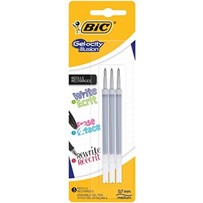 BIC Gel-ocity Illusion Recharges Stylo Gel Effaçable Pointe Moyenne (0,7 mm) Noir, Blister de 3 - Publicité BIC Gel-ocity Illusion Recharges Stylo Gel Effaçable Pointe Moyenne (0,7 mm) Noir, Blister de 3 - Publicité