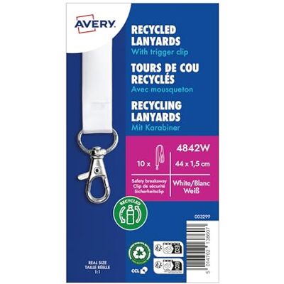 Avery – Lot de 10 tours de cou blanc fabriqué à partir de plastique reconditionnés avec mousqueton en métal 44 x 1,5 cm – tours de cou en polyester satiné fabriqué à partir de plastique reconditionné - Publicité Avery – Lot de 10 tours de cou blanc fabriqué à partir de plastique reconditionnés avec mousqueton en métal 44 x 1,5 cm – tours de cou en polyester satiné fabriqué à partir de plastique reconditionné - Publicité