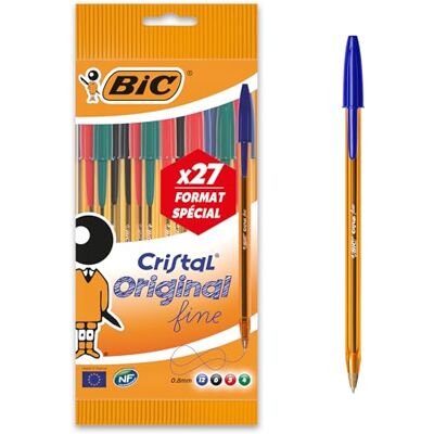 BIC Cristal Original Stylos-Bille Pointe Fine (0,8 mm) Écriture Fine et Précise Couleurs Assorties Corps Orange Pochette Format Spécial de 27 - Publicité BIC Cristal Original Stylos-Bille Pointe Fine (0,8 mm) Écriture Fine et Précise Couleurs Assorties Corps Orange Pochette Format Spécial de 27 - Publicité