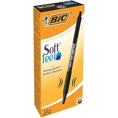 BIC Soft Feel Stylos-Bille Rétractables avec Grip en Caoutchouc, Pointe Moyenne (1,0 mm) Noir, Boîte de 12 - Publicité BIC Soft Feel Stylos-Bille Rétractables avec Grip en Caoutchouc, Pointe Moyenne (1,0 mm) Noir, Boîte de 12 - Publicité