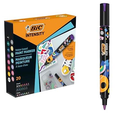BIC Intensity Paint Lot de 20 marqueurs peinture à pointe moyenne Marqueur Peinture à base d’eau Feutre acrylique Surfaces : Papier, Textile, Verre, Galet, Bois Couleurs classiques et pastel - Publicité BIC Intensity Paint Lot de 20 marqueurs peinture à pointe moyenne Marqueur Peinture à base d’eau Feutre acrylique Surfaces : Papier, Textile, Verre, Galet, Bois Couleurs classiques et pastel - Publicité