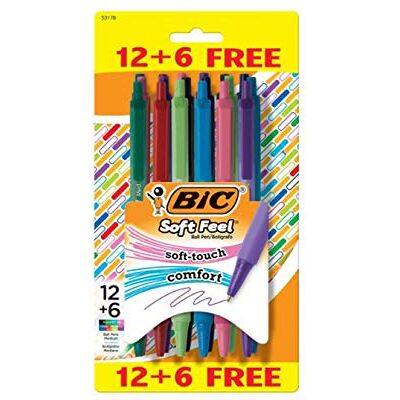 BIC Soft Feel Retractable Ballpoint Pens, Soft Touch Comfort Grip, Medium Point, 1.0mm, 8 Assorted Colors, 12+6 Pack - Publicité BIC Soft Feel Retractable Ballpoint Pens, Soft Touch Comfort Grip, Medium Point, 1.0mm, 8 Assorted Colors, 12+6 Pack - Publicité