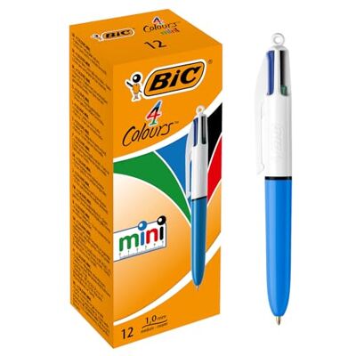BIC 4 Couleurs Mini Stylos-Bille Rétractables Pointe Moyenne (1,0 mm) Boîte de 12 - Publicité BIC 4 Couleurs Mini Stylos-Bille Rétractables Pointe Moyenne (1,0 mm) Boîte de 12 - Publicité