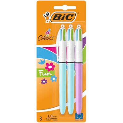 BIC 4 Couleurs Fun Stylos-Bille Rétractables Pointe Moyenne (1,0 mm) Couleurs Fantaisie Assorties, Blister de 3 - Publicité BIC 4 Couleurs Fun Stylos-Bille Rétractables Pointe Moyenne (1,0 mm) Couleurs Fantaisie Assorties, Blister de 3 - Publicité