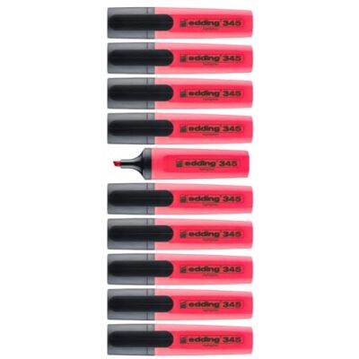 Edding 345 surligneurs rouge 10 stylos Pointe biseautée 2-5 mm parfait pour des marquages et des surlignages lumineux de textes et notes - Publicité Edding 345 surligneurs rouge 10 stylos Pointe biseautée 2-5 mm parfait pour des marquages et des surlignages lumineux de textes et notes - Publicité