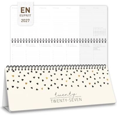 Häfft ® Calendrier de bureau international 2027 horizontal "Golden Hearts" En anglais (+ FR/IT/ES), calendrier hebdomadaire avec support, jours fériés et conseils pratiques pour le quotidien - Publicité Häfft ® Calendrier de bureau international 2027 horizontal "Golden Hearts" En anglais (+ FR/IT/ES), calendrier hebdomadaire avec support, jours fériés et conseils pratiques pour le quotidien - Publicité
