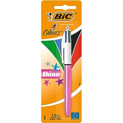 BIC 4 Couleurs Shine Stylo-Bille Rétractable Pointe Moyenne (1,0 mm) Corps Assortis Métallisés (Sans Choix Possible), Blister de 1 - Publicité BIC 4 Couleurs Shine Stylo-Bille Rétractable Pointe Moyenne (1,0 mm) Corps Assortis Métallisés (Sans Choix Possible), Blister de 1 - Publicité