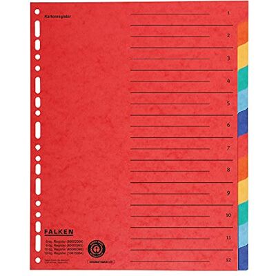 FALKEN Lot de 12 intercalaires en carton pour format A4+ 24,5 x 30 cm, pleine hauteur avec impression organisationnelle, couleur unie 2 x 6 couleurs pour le rangement des pochettes prospectus - Publicité FALKEN Lot de 12 intercalaires en carton pour format A4+ 24,5 x 30 cm, pleine hauteur avec impression organisationnelle, couleur unie 2 x 6 couleurs pour le rangement des pochettes prospectus - Publicité