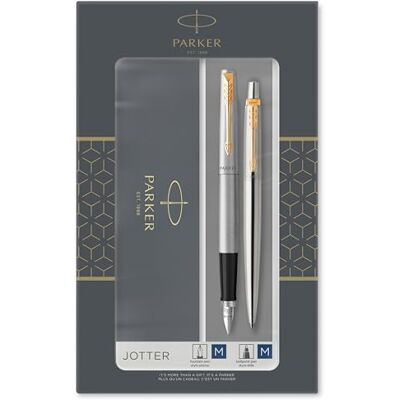 Parker Jotter Duo coffret-cadeau avec stylo bille et stylo plume , acier inoxydable avec attributs or , recharge et cartouches d’encre bleue , coffret-cadeau - Publicité Parker Jotter Duo coffret-cadeau avec stylo bille et stylo plume , acier inoxydable avec attributs or , recharge et cartouches d’encre bleue , coffret-cadeau - Publicité