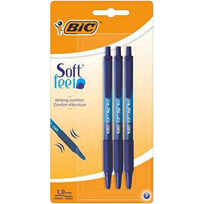BIC Soft Feel Stylos-Bille Rétractables avec Grip en Caoutchouc, Pointe Moyenne (1,0 mm) Bleu, Blister de 3 - Publicité BIC Soft Feel Stylos-Bille Rétractables avec Grip en Caoutchouc, Pointe Moyenne (1,0 mm) Bleu, Blister de 3 - Publicité