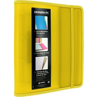 Grafoplás 88200060. Classeur à 4 anneaux A4, jaune, polypropylène, avec rabat latéral, recharge de 100 feuilles, intercalaires et enveloppes transparentes, Multiline. Publicité Grafoplás 88200060. Classeur à 4 anneaux A4, jaune, polypropylène, avec rabat latéral, recharge de 100 feuilles, intercalaires et enveloppes transparentes, Multiline. Publicité