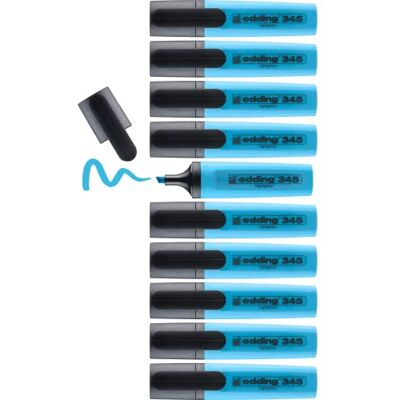 Edding 345 surligneurs blue clair 10 stylos Pointe biseautée 2-5 mm parfait pour des marquages et des surlignages lumineux de textes et notes - Publicité Edding 345 surligneurs blue clair 10 stylos Pointe biseautée 2-5 mm parfait pour des marquages et des surlignages lumineux de textes et notes - Publicité