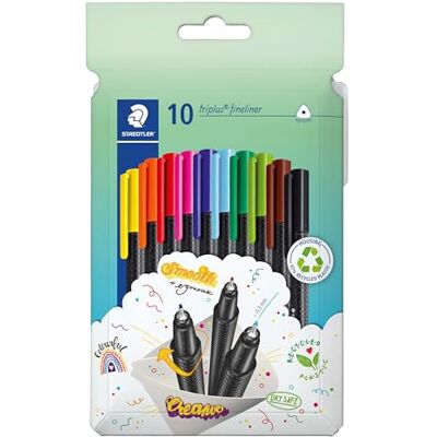 Staedtler Fineliner triplus 334 C10 Lot de 10 feutres fins ergonomiques avec pointe ultra fine de 0,3 mm, longue durée de vie, DRY SAFE, tige en polypropylène, mélange et match, 10 feutres fins dans - Publicité Staedtler Fineliner triplus 334 C10 Lot de 10 feutres fins ergonomiques avec pointe ultra fine de 0,3 mm, longue durée de vie, DRY SAFE, tige en polypropylène, mélange et match, 10 feutres fins dans - Publicité