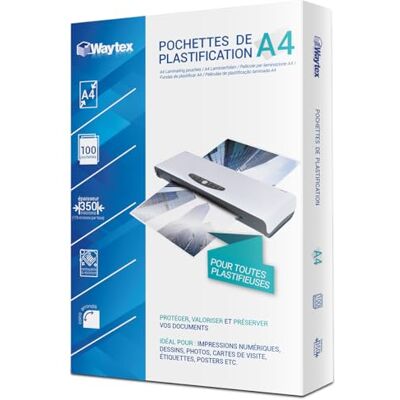 Waytex 78278 Pochettes de plastification A4 – Très Epaisses 2x175 (350) microns – pour plastifieuse à chaud Pack de 100 - Publicité Waytex 78278 Pochettes de plastification A4 – Très Epaisses 2x175 (350) microns – pour plastifieuse à chaud Pack de 100 - Publicité