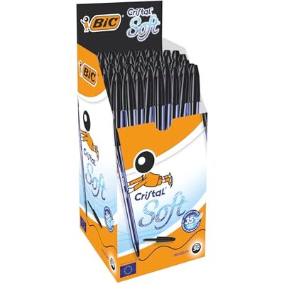 BIC Cristal Soft Stylos-Bille Pointe Moyenne (1,2 mm) Corps Bleu Ciel Écriture Douce et Fluide Noir, Boîte de 50 - Publicité BIC Cristal Soft Stylos-Bille Pointe Moyenne (1,2 mm) Corps Bleu Ciel Écriture Douce et Fluide Noir, Boîte de 50 - Publicité