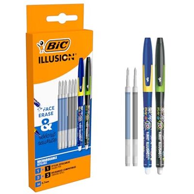 BIC Illusion Stylos-Bille Effaçables et Rechargeables à Pointe Moyenne (0,7 mm) et Recharges Bleu et Noir, Boîte de 2 Stylos + 6 Recharges - Publicité BIC Illusion Stylos-Bille Effaçables et Rechargeables à Pointe Moyenne (0,7 mm) et Recharges Bleu et Noir, Boîte de 2 Stylos + 6 Recharges - Publicité
