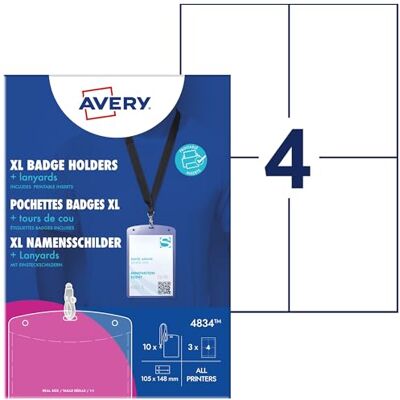 Avery – 10 Porte-Badges Grand Format A6 en Plastique Transparent avec 10 Tours de Cou Noirs à Mousqueton – 12 Inserts Imprimables Inclus – Compatible Impression Laser et Jet d’Encre - Publicité Avery – 10 Porte-Badges Grand Format A6 en Plastique Transparent avec 10 Tours de Cou Noirs à Mousqueton – 12 Inserts Imprimables Inclus – Compatible Impression Laser et Jet d’Encre - Publicité
