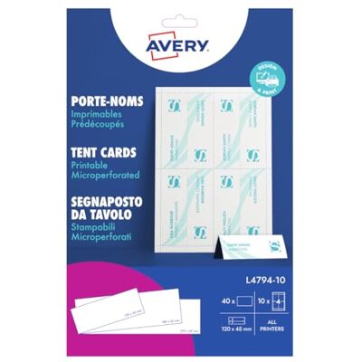 Avery – 40 porte-noms imprimables micro-perforés au format 120 x 45 mm – cartes de table personnalisables pour mariages, repas d’affaires et événements festifs - Publicité Avery – 40 porte-noms imprimables micro-perforés au format 120 x 45 mm – cartes de table personnalisables pour mariages, repas d’affaires et événements festifs - Publicité
