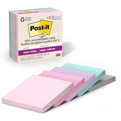 Post-It Notes super adhésives en papier 100% recyclé, 2 fois le pouvoir collant, 7,6 x 7,6 cm, 5 blocs, 70 feuilles/bloc, collection Pastels Wanderlust (654R-5SSNRP) - Publicité Post-It Notes super adhésives en papier 100% recyclé, 2 fois le pouvoir collant, 7,6 x 7,6 cm, 5 blocs, 70 feuilles/bloc, collection Pastels Wanderlust (654R-5SSNRP) - Publicité