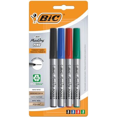 BIC Marking Fine ECOlutions Marqueurs Permanents à Pointe Conique Fine Couleurs Assorties, Blister de 4 - Publicité BIC Marking Fine ECOlutions Marqueurs Permanents à Pointe Conique Fine Couleurs Assorties, Blister de 4 - Publicité