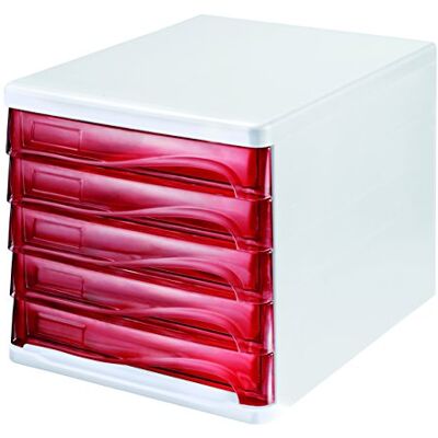 Helit H6129420 Bloc de rangement à 5 tiroirs avec espace d’écriture gris clair/rouge transparent - Publicité Helit H6129420 Bloc de rangement à 5 tiroirs avec espace d’écriture gris clair/rouge transparent - Publicité