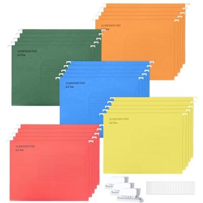 KAHEIGN 25 Pièces Dossiers De Suspension A4, 5 Couleurs Dossier Lourd Haut Et Bas Renforcés Dossiers Suspendus Pour Les Classeurs A4 De Papeterie De Bureau Scolaire - Publicité KAHEIGN 25 Pièces Dossiers De Suspension A4, 5 Couleurs Dossier Lourd Haut Et Bas Renforcés Dossiers Suspendus Pour Les Classeurs A4 De Papeterie De Bureau Scolaire - Publicité