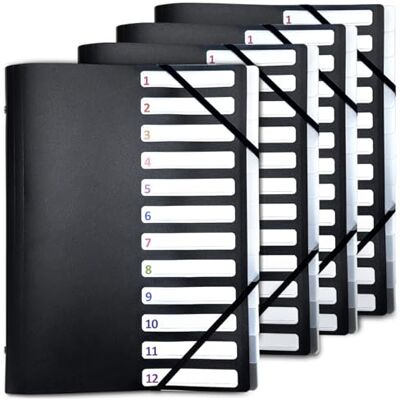 Waytex Lot de 4 Trieurs A4 12 compartiments avec rangement 3 rabats – Polypropylène noir résistant, fermeture élastiques, intercalaires polypro Compartiments numérotés et identifiables Classement bureau - Publicité Waytex Lot de 4 Trieurs A4 12 compartiments avec rangement 3 rabats – Polypropylène noir résistant, fermeture élastiques, intercalaires polypro Compartiments numérotés et identifiables Classement bureau - Publicité