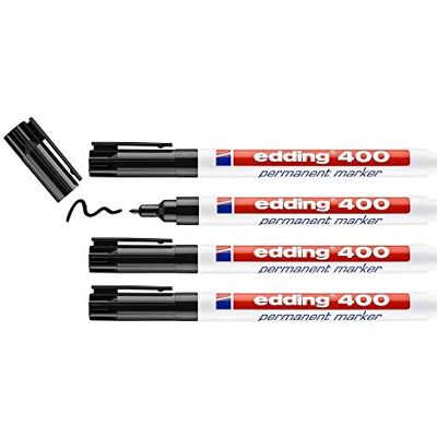 Edding 400 Marqueur permanent noir 4 stylos pointe ronde fine 1 mm sèche vite, résiste à l'eau et aux frottements pour carton, plastique, bois, métal, verre - Publicité Edding 400 Marqueur permanent noir 4 stylos pointe ronde fine 1 mm sèche vite, résiste à l'eau et aux frottements pour carton, plastique, bois, métal, verre - Publicité