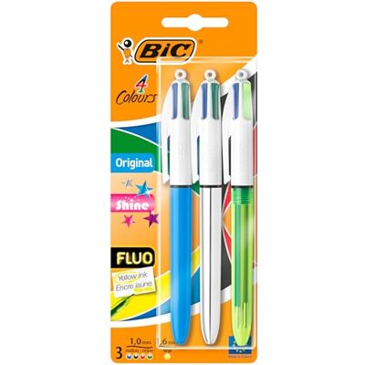 BIC Lot de 3 stylos rétractables 4 couleurs Brillant et fluo - Publicité BIC Lot de 3 stylos rétractables 4 couleurs Brillant et fluo - Publicité