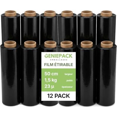 GENIEPACK Lot de 12 Rouleaux de Film Étirable Noir Opaque pour Palette – Qualité Industrielle – 500 mm x 23 Microns – 1,5kg par rouleau – Film de Palettisation Ultra Résistant et Confidentiel - Publicité GENIEPACK Lot de 12 Rouleaux de Film Étirable Noir Opaque pour Palette – Qualité Industrielle – 500 mm x 23 Microns – 1,5kg par rouleau – Film de Palettisation Ultra Résistant et Confidentiel - Publicité