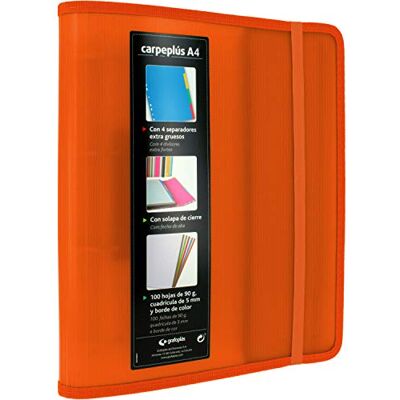 Grafoplás 88200052. Classeur à 4 anneaux, A4, orange, polypropylène, avec rabat latéral, recharge de 100 feuilles, intercalaires et enveloppes transparentes, Multiline. Publicité Grafoplás 88200052. Classeur à 4 anneaux, A4, orange, polypropylène, avec rabat latéral, recharge de 100 feuilles, intercalaires et enveloppes transparentes, Multiline. Publicité
