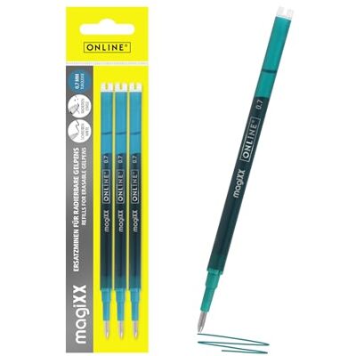 Online 3x recharge roller effaçable turquoise, compatible magiXX, Frixion etc., pour stylos à encre gel effaçables, pointe moyenne, rechargeable - Publicité Online 3x recharge roller effaçable turquoise, compatible magiXX, Frixion etc., pour stylos à encre gel effaçables, pointe moyenne, rechargeable - Publicité