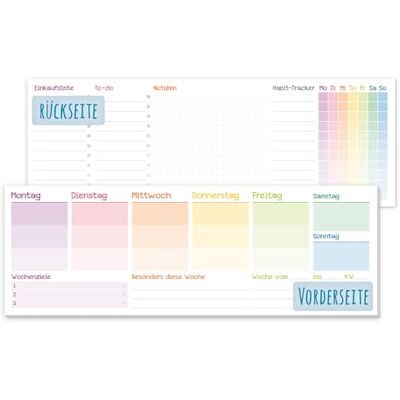 Häfft Bloc d'agenda hebdomadaire paper&you® sans dates fixes, « Rainbow » Calendrier de bureau Bloc horizontal non daté comprenant un agenda, un Habit-Tracker, une liste de choses à faire - Publicité Häfft Bloc d'agenda hebdomadaire paper&you® sans dates fixes, « Rainbow » Calendrier de bureau Bloc horizontal non daté comprenant un agenda, un Habit-Tracker, une liste de choses à faire - Publicité