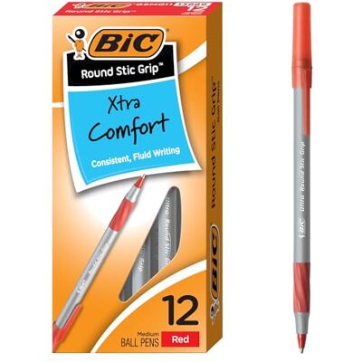 BIC Round Stic Grip Xtra Comfort – Lot de 12 stylos à bille, pointe moyenne (1,2 mm), rouge, - Publicité BIC Round Stic Grip Xtra Comfort – Lot de 12 stylos à bille, pointe moyenne (1,2 mm), rouge, - Publicité