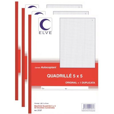 Elve Lot de 3 Manifolds Autocopiant Quadrillé 5 x 5 297 x210 mm 50 Feuillets Dupli - Publicité Elve Lot de 3 Manifolds Autocopiant Quadrillé 5 x 5 297 x210 mm 50 Feuillets Dupli - Publicité
