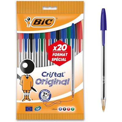 BIC Cristal Original Stylos-Bille Pointe Moyenne (1,0 mm) Parfait pour l'Ecole et au Bureau Couleurs Assorties, Pochette Format de 20 - Publicité BIC Cristal Original Stylos-Bille Pointe Moyenne (1,0 mm) Parfait pour l'Ecole et au Bureau Couleurs Assorties, Pochette Format de 20 - Publicité