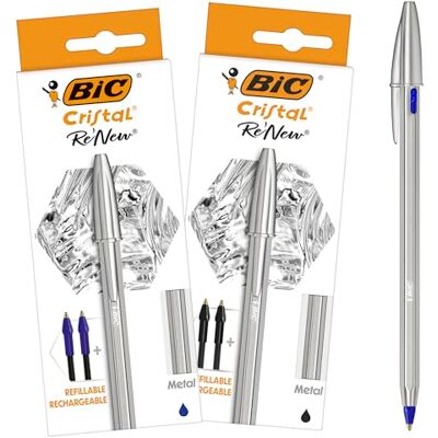 BIC Cristal Re'New Stylo-Bille Premium en Métal et Rechargeable Parfait pour l'Ecole et au Bureau Bleu et Noir, Lot de 2+4 Recharges - Publicité BIC Cristal Re'New Stylo-Bille Premium en Métal et Rechargeable Parfait pour l'Ecole et au Bureau Bleu et Noir, Lot de 2+4 Recharges - Publicité
