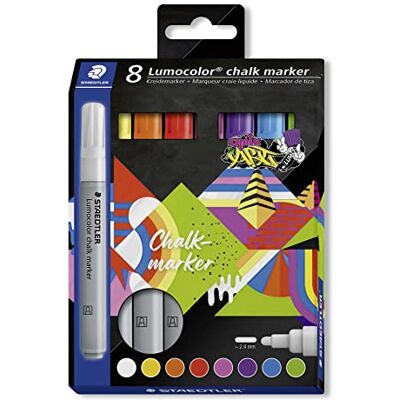 Staedtler Lumocolor 344 Etui Carton 8 Marqueurs Craie Liquide Pointe 2,4 mm Assortis 344 C8 - Publicité Staedtler Lumocolor 344 Etui Carton 8 Marqueurs Craie Liquide Pointe 2,4 mm Assortis 344 C8 - Publicité