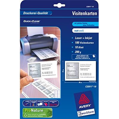 Avery Dennsion Zweckform Cartes de visite "Quick&Clean ILK" A4 200 g/m² Blanc mat 85 x 54 mm 500 feuilles (5000 cartes) - Publicité Avery Dennsion Zweckform Cartes de visite "Quick&Clean ILK" A4 200 g/m² Blanc mat 85 x 54 mm 500 feuilles (5000 cartes) - Publicité