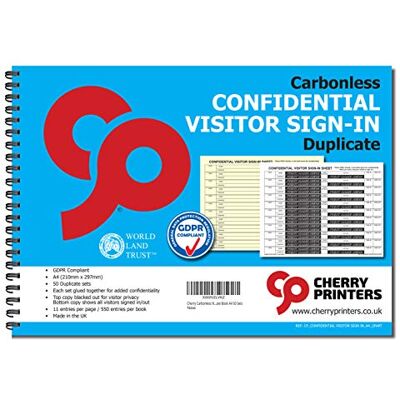 Cherry Printers Lot de 50 carnets à spirale sans carbone NCR confidentiels pour visiteurs - Publicité Cherry Printers Lot de 50 carnets à spirale sans carbone NCR confidentiels pour visiteurs - Publicité