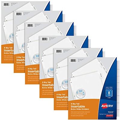 Avery Lot de 6 intercalaires extra larges insérables pour classeurs à 3 anneaux, 8 onglets, papier blanc, onglets transparents, fonctionne avec les protecteurs de feuilles (11254) - Publicité Avery Lot de 6 intercalaires extra larges insérables pour classeurs à 3 anneaux, 8 onglets, papier blanc, onglets transparents, fonctionne avec les protecteurs de feuilles (11254) - Publicité